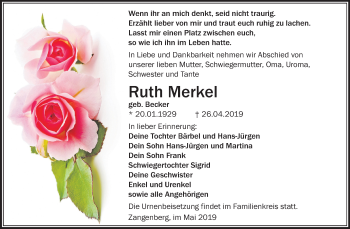 Traueranzeige von Ruth Merkel von Mitteldeutsche Zeitung Zeitz