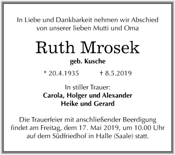 Traueranzeige von Ruth Mrosek von Mitteldeutsche Zeitung Halle/Saalkreis