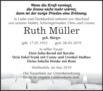 Traueranzeige von Ruth Müller von WVG - Wochenspiegel NMB / WSF / ZTZ