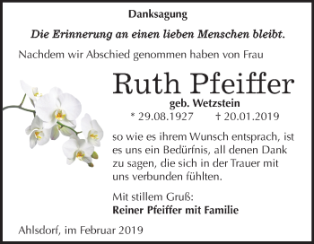 Traueranzeige von Ruth Pfeiffer von Mitteldeutsche Zeitung Aschersleben
