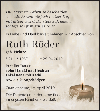Traueranzeige von Ruth Röder von Mitteldeutsche Zeitung