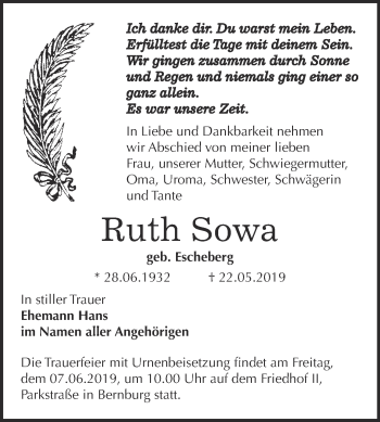 Traueranzeige von Ruth Sowa von Super Sonntag Bernburg