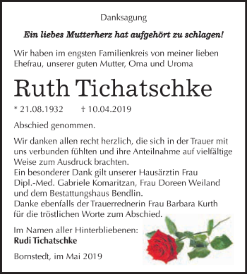 Traueranzeige von Ruth Tichatschke von Super Sonntag SGH Mansf. Land