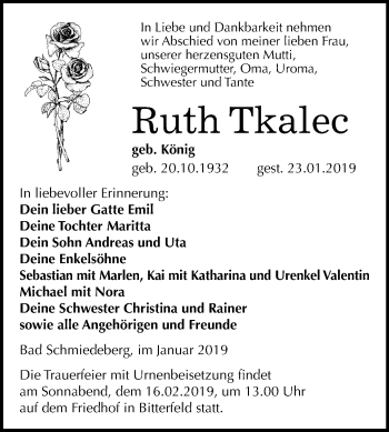 Traueranzeige von Ruth Tkalec von Mitteldeutsche Zeitung Wittenberg