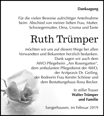 Traueranzeige von Ruth Trümper von Mitteldeutsche Zeitung Sangerhausen