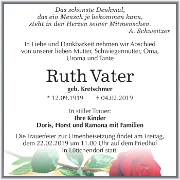 Traueranzeige von Ruth Vater von Mitteldeutsche Zeitung Aschersleben