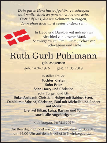 Traueranzeige von Ruth Gurli Puhlmann von WVG - Wochenspiegel Wittenberg