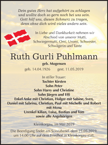 Traueranzeige von Ruth Gurli Puhlmann von Mitteldeutsche Zeitung