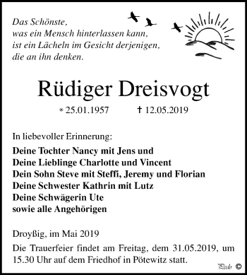 Traueranzeige von Rüdiger Dreisvogt von WVG - Wochenspiegel NMB / WSF / ZTZ