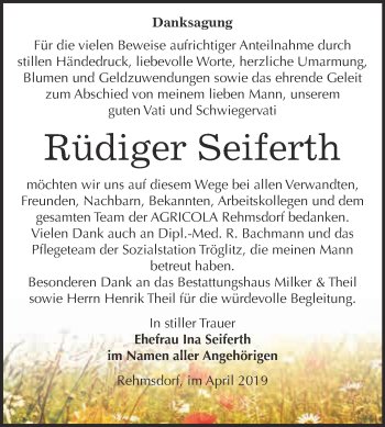 Traueranzeige von Rüdiger Seiferth von WVG - Wochenspiegel NMB / WSF / ZTZ