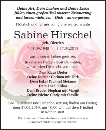 Traueranzeige von Sabine Hirschel von Mitteldeutsche Zeitung Köthen