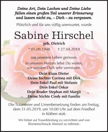 Traueranzeige von Sabine Hirschel von WVG - Wochenspiegel Dessau / Köthen