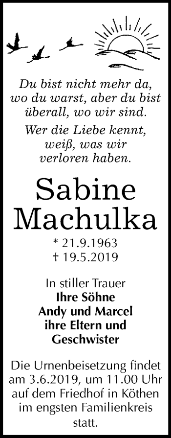 Traueranzeige von Sabine Machulka von WVG - Wochenspiegel Dessau / Köthen