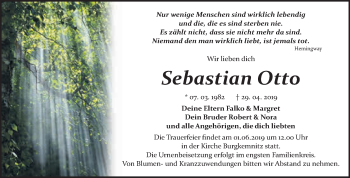 Traueranzeige von Sebastian Otto von WVG - Wochenspiegel Bitterfeld