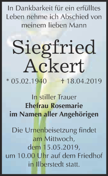 Traueranzeige von Siegfried Ackert von Super Sonntag Bernburg