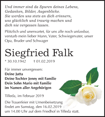 Traueranzeige von Siegfried Falk von Mitteldeutsche Zeitung Sangerhausen