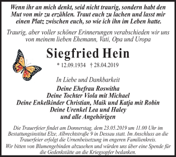 Traueranzeige von Siegfried Hein von Mitteldeutsche Zeitung Dessau-Roßlau