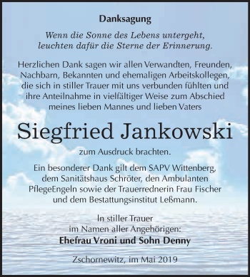 Traueranzeige von Siegfried Jankowski von WVG - Wochenspiegel Wittenberg