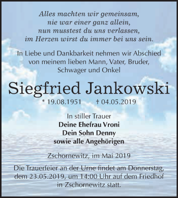 Traueranzeige von Siegfried Jankowski von WVG - Wochenspiegel Wittenberg
