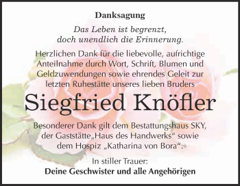 Traueranzeige von Siegfried Knöfler von Super Sonntag Wittenberg