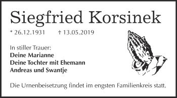 Traueranzeige von Siegfried Korsinek von Super Sonntag Wittenberg
