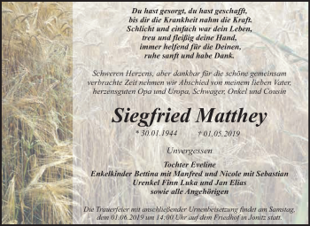 Traueranzeige von Siegfried Matthey von WVG - Wochenspiegel Dessau / Köthen