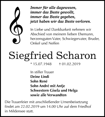 Traueranzeige von Siegfried Scharon von Mitteldeutsche Zeitung Dessau-Roßlau