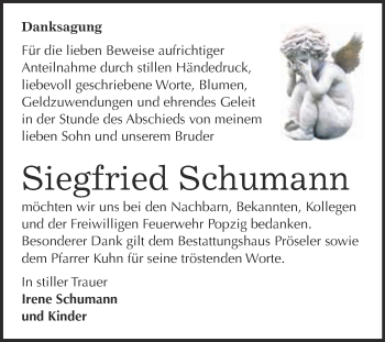 Traueranzeige von Siegfried Schumann von Super Sonntag Bernburg