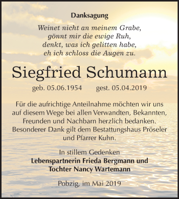 Traueranzeige von Siegfried Schumann von Mitteldeutsche Zeitung Bernburg