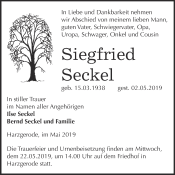 Traueranzeige von Siegfried Seckel von Super Sonntag Quedlinburg