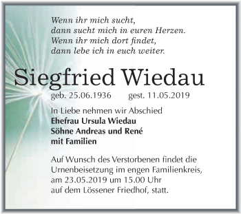 Traueranzeige von Siegfried Wiedau von WVG - Wochenspiegel Merseburg
