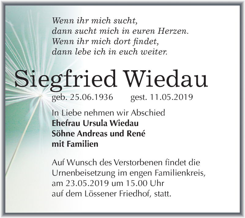  Traueranzeige für Siegfried Wiedau vom 18.05.2019 aus Mitteldeutsche Zeitung