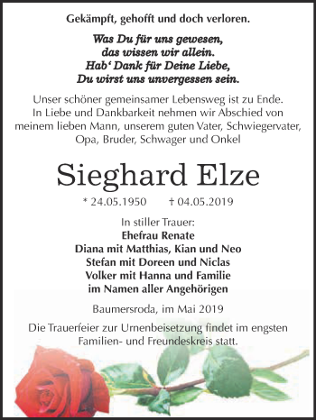 Traueranzeige von Sieghard Elze von WVG - Wochenspiegel NMB / WSF / ZTZ