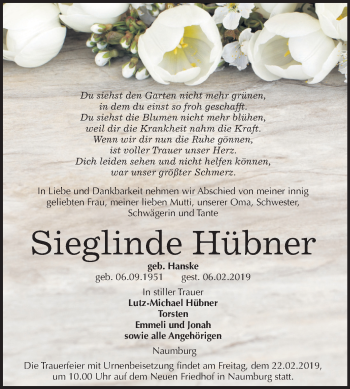 Traueranzeige von Sieglinde Hübner von Mitteldeutsche Zeitung