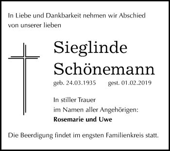 Traueranzeige von Sieglinde Schönemann von Mitteldeutsche Zeitung Köthen
