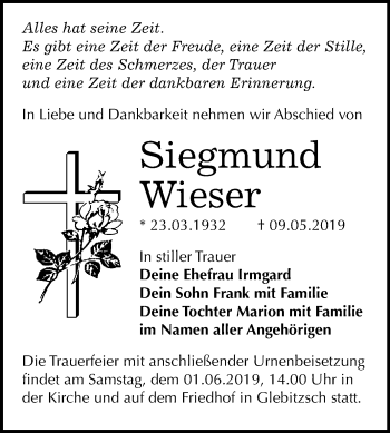 Traueranzeige von Siegmund Wieser von WVG - Wochenspiegel Bitterfeld
