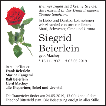 Traueranzeige von Siegrid Beierlein von Mitteldeutsche Zeitung