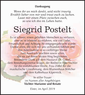 Traueranzeige von Siegrid Postelt von WVG - Wochenspiegel Wittenberg