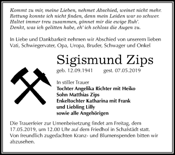 Traueranzeige von Sigismund Zips von WVG - Wochenspiegel Merseburg