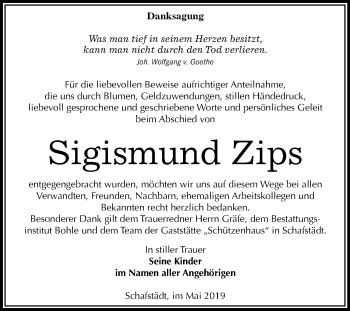 Traueranzeige von Sigismund Zips von WVG - Wochenspiegel Merseburg
