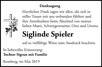 Traueranzeige von Siglinde Spieler von Mitteldeutsche Zeitung