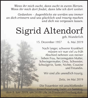 Traueranzeige von Sigrid Altendorf von WVG - Wochenspiegel NMB / WSF / ZTZ