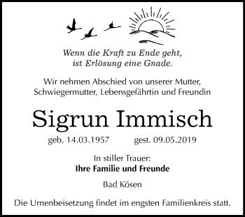 Traueranzeige von Sigrun Immisch von Mitteldeutsche Zeitung