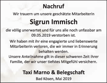 Traueranzeige von Sigrun Immisch von WVG - Wochenspiegel NMB / WSF / ZTZ
