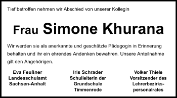 Traueranzeige von Simone Khurana von Mitteldeutsche Zeitung