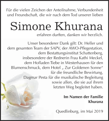 Traueranzeige von Simone Khurana von Super Sonntag Quedlinburg