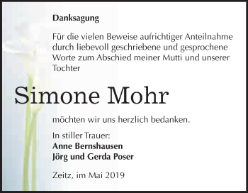 Traueranzeige von Simone Mohr von WVG - Wochenspiegel NMB / WSF / ZTZ