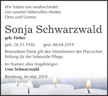 Traueranzeige von Sonja Schwarzwald von Super Sonntag Bernburg