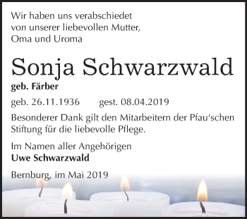 Traueranzeige von Sonja Schwarzwald von Mitteldeutsche Zeitung Bernburg