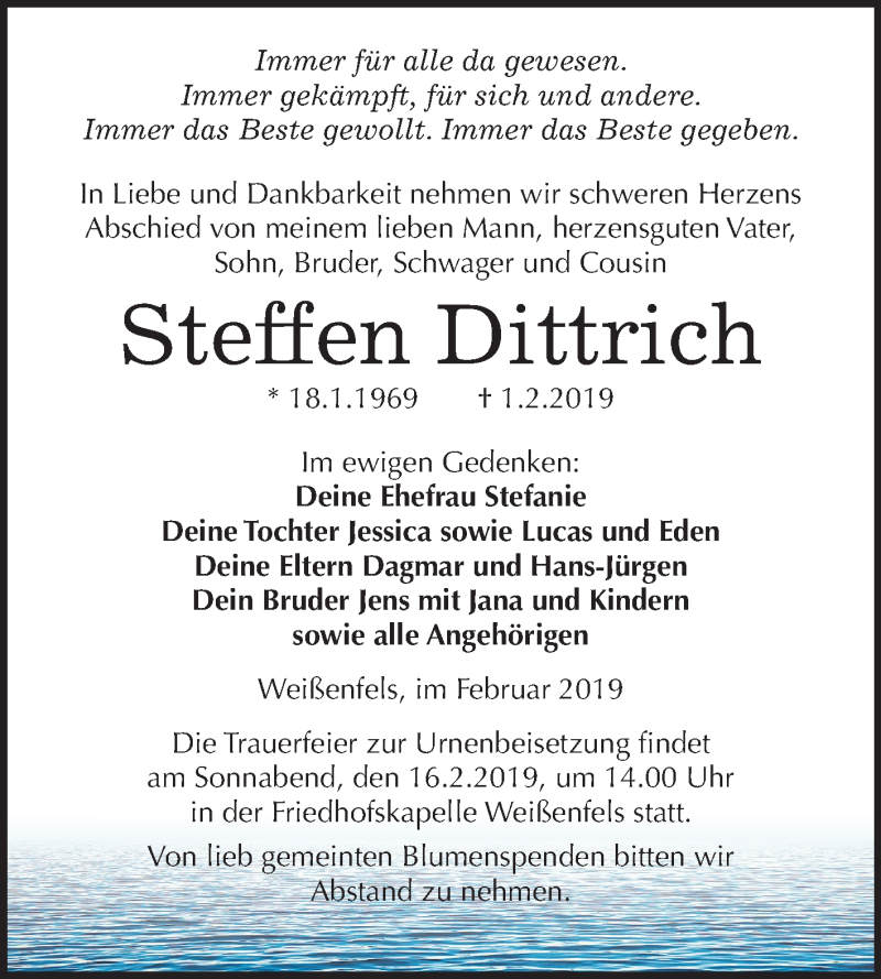  Traueranzeige für Steffen Dittrich vom 09.02.2019 aus Mitteldeutsche Zeitung Weißenfels